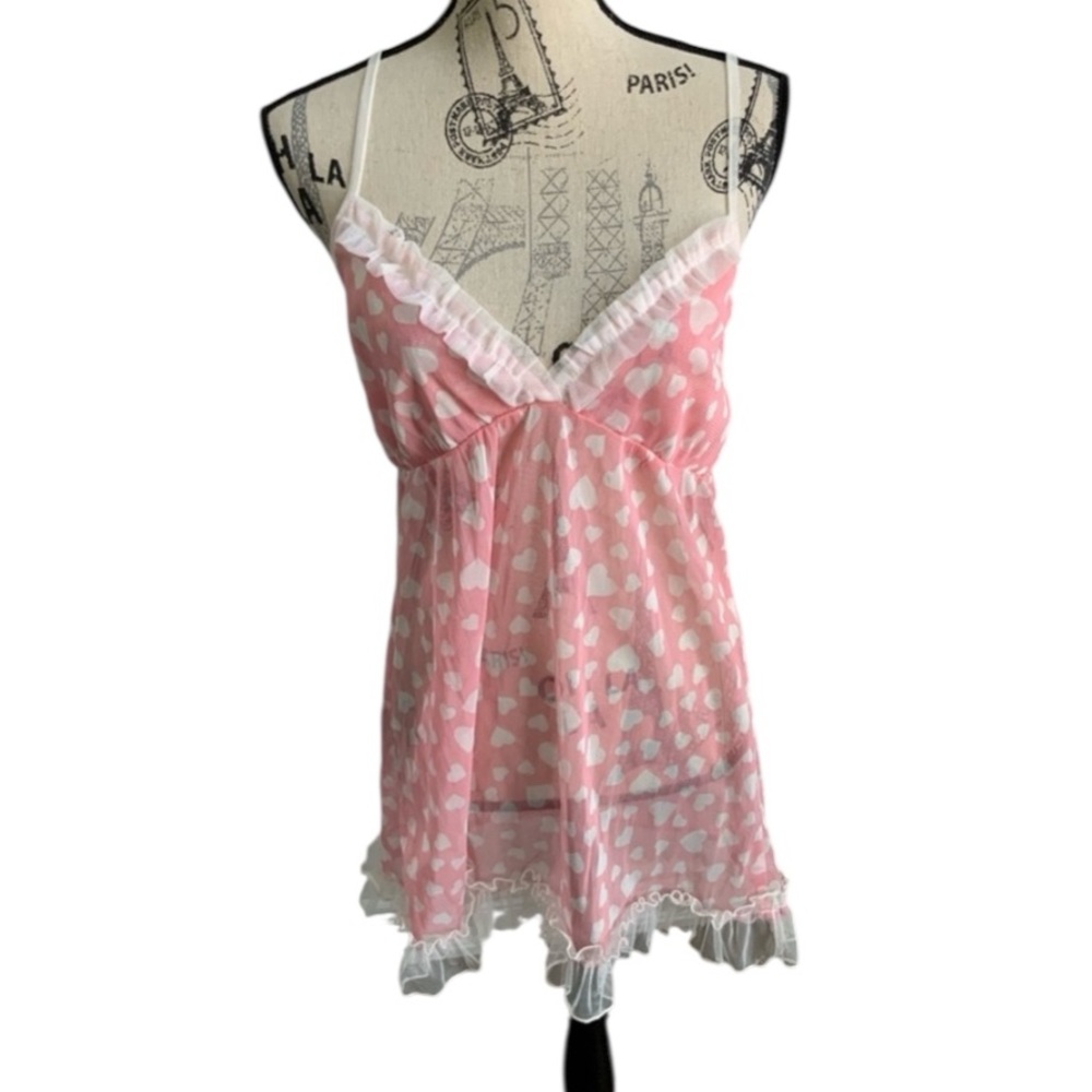 Vintage Y2K Early 2000’S FAT CAT Pink Sheer Heart Printed Slip Lingerie Size S/M